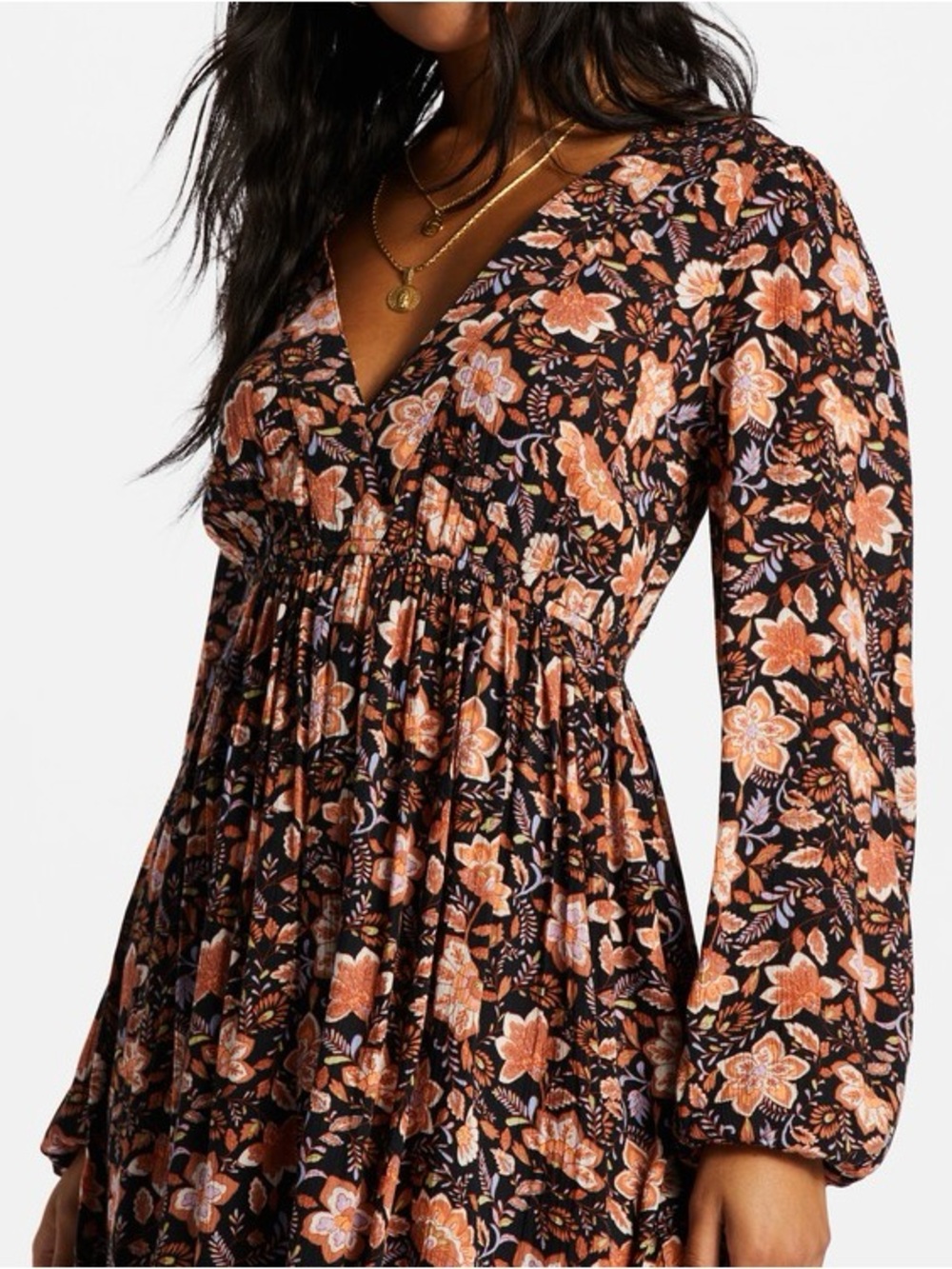 Billabong Black Floral Mini Dress with Long sleeves. Size Small. No flaws.